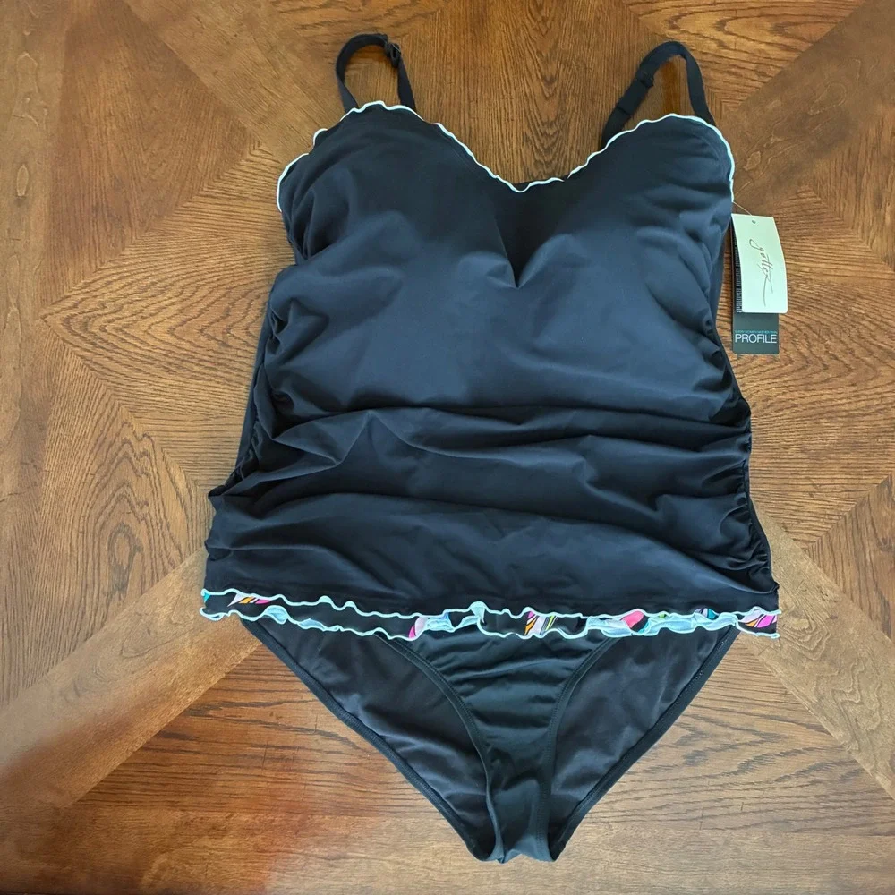 Profile‎ by Gottex Tankini 22W Black Ruched Lettuce Trim Swimsuit NWT*Read*